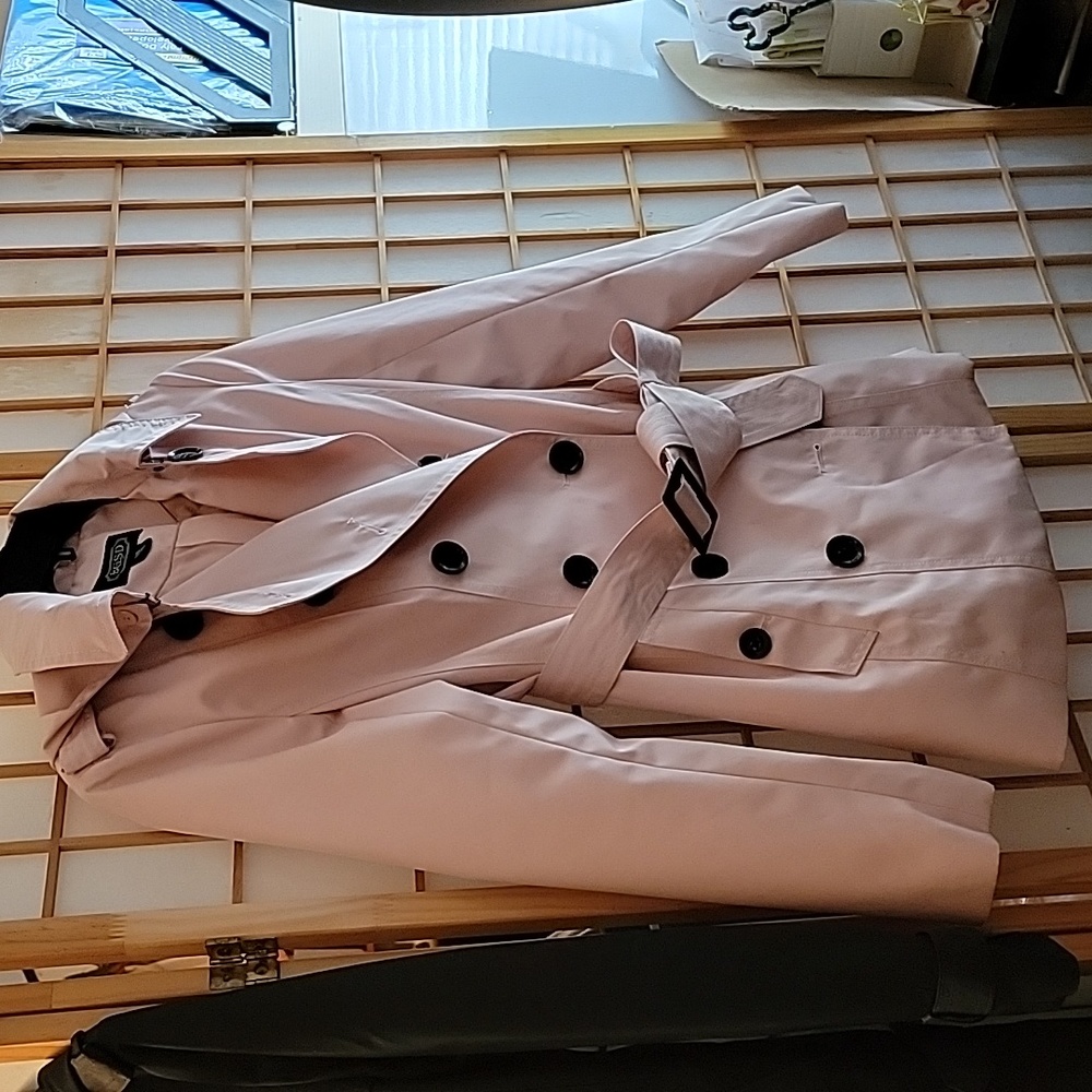 BGSD waterproof short belted trench coat with hood raincoat XS pink/blush